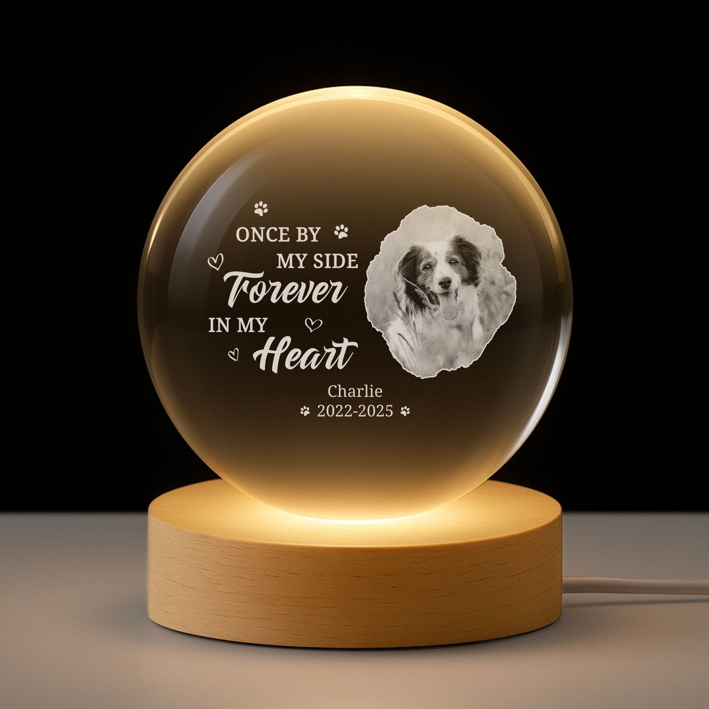 Personalized Pet Memorial Globe Lamp with Photo Engraving – Custom Dog or Cat Crystal Light, Forever in My Heart Remembrance Gift