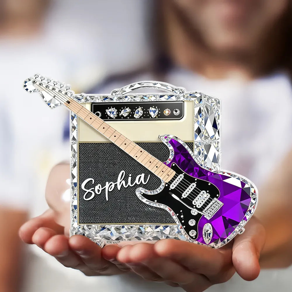 Personalized Guitar Shaped Acrylic Block Plaque, Amp and Electric Guitar Shelf Decor, Unique Gift for Music Lovers