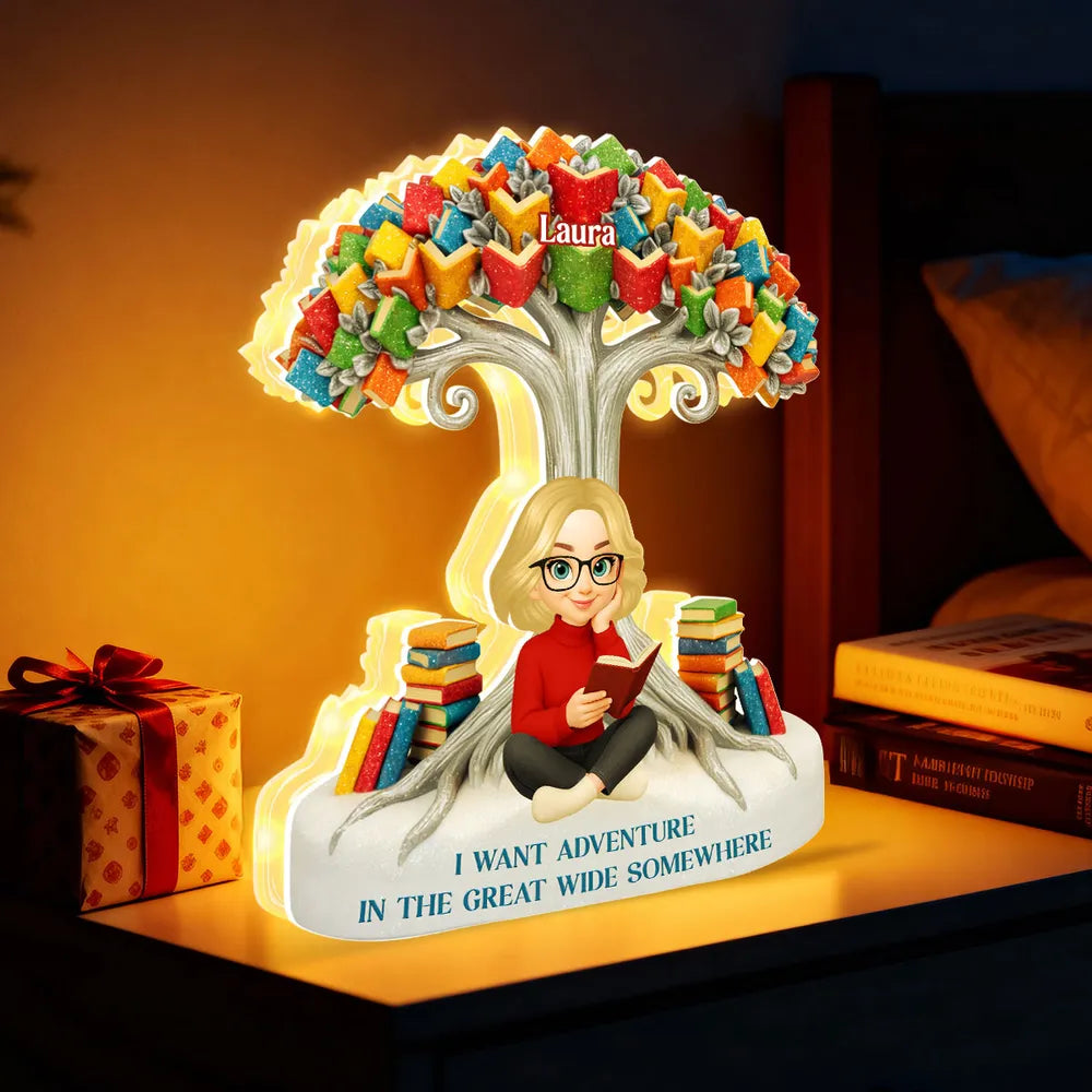 Acrylic Light Box with Reading Girl and Book Tree, Personalized Keepsake for Bedroom or Bookshelf, Thoughtful Gift