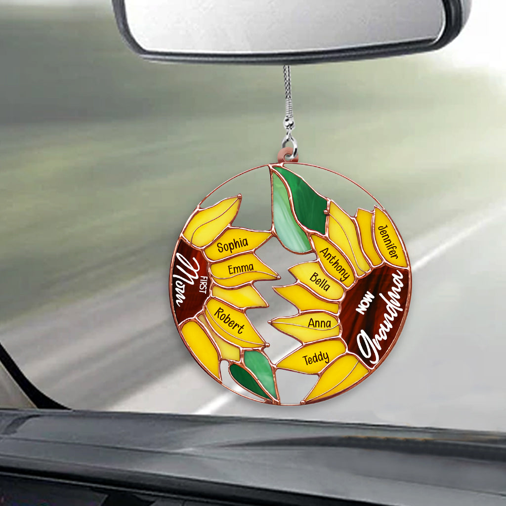 First Mom Now Grandma Sunflower - Personalized Grandma Transparent Car Ornament