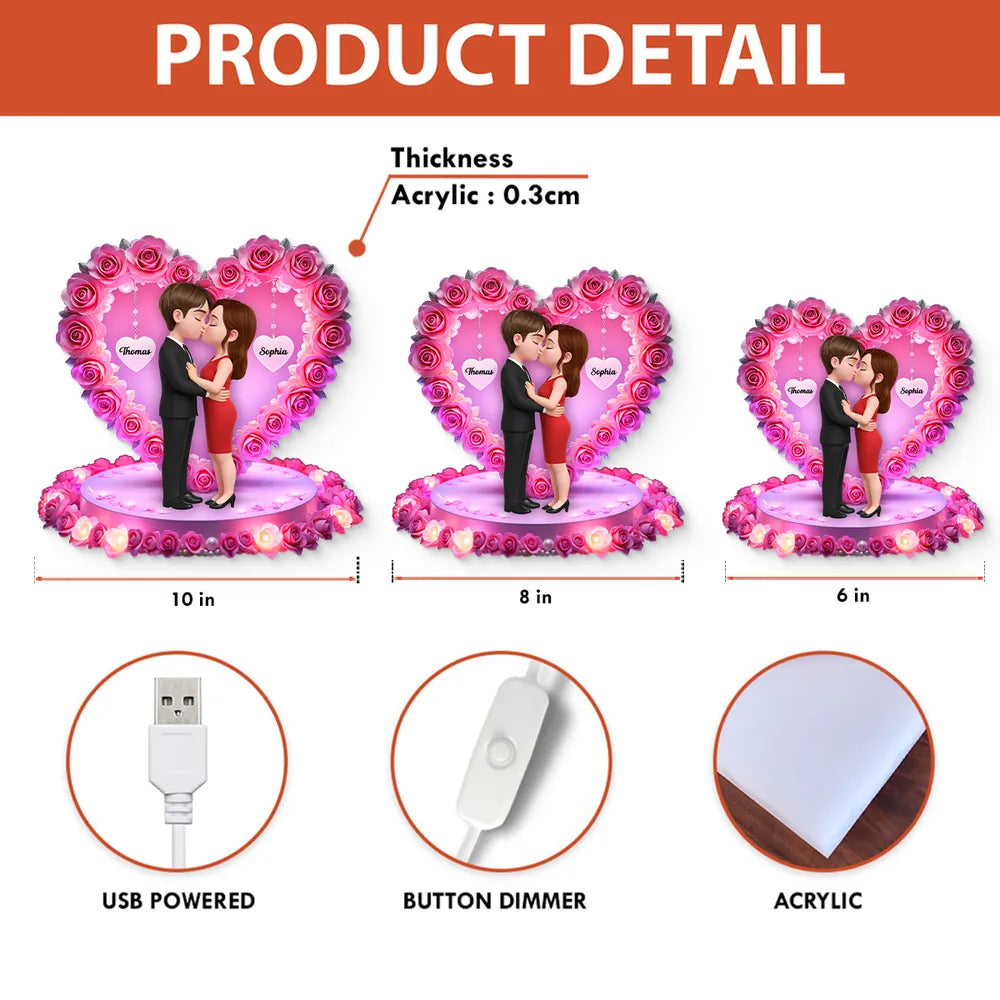 Personalized Acrylic Light Box Kissing Couple in Rose Heart Night Light for Bedroom Warm Glow Unique Gift for Her or Him