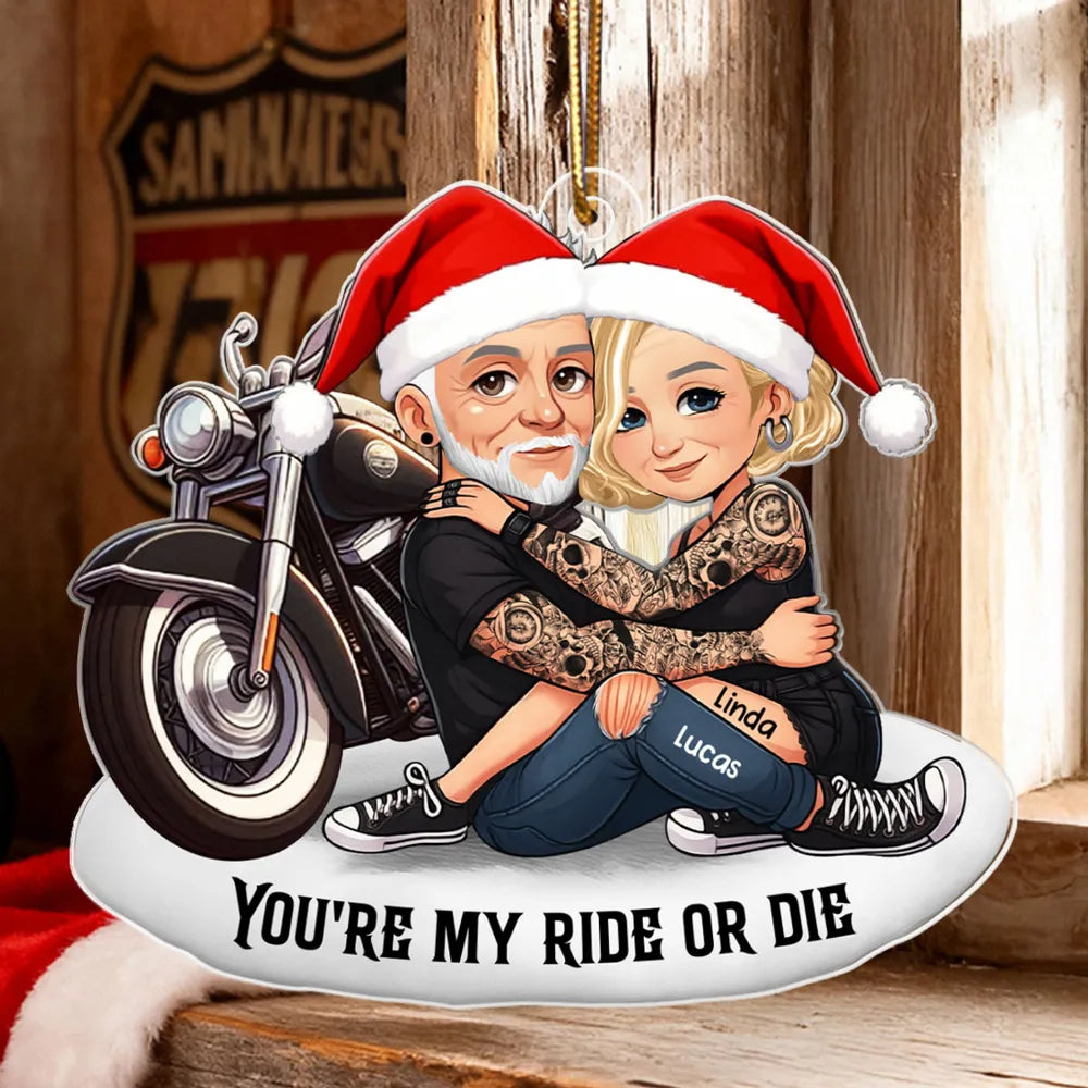 Acrylic Ornament Personalized for Riding Partners, Hugging Biker Couple on a Motorcycle, Unique Romantic Gift