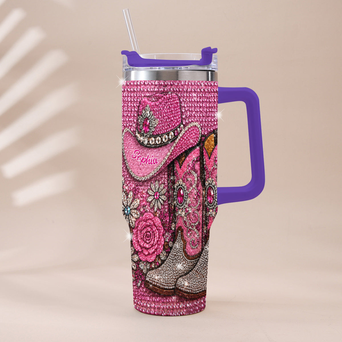 Cowgirl Boots - Personalized Cowgirl Rhinestone Tumbler With Plush Charm