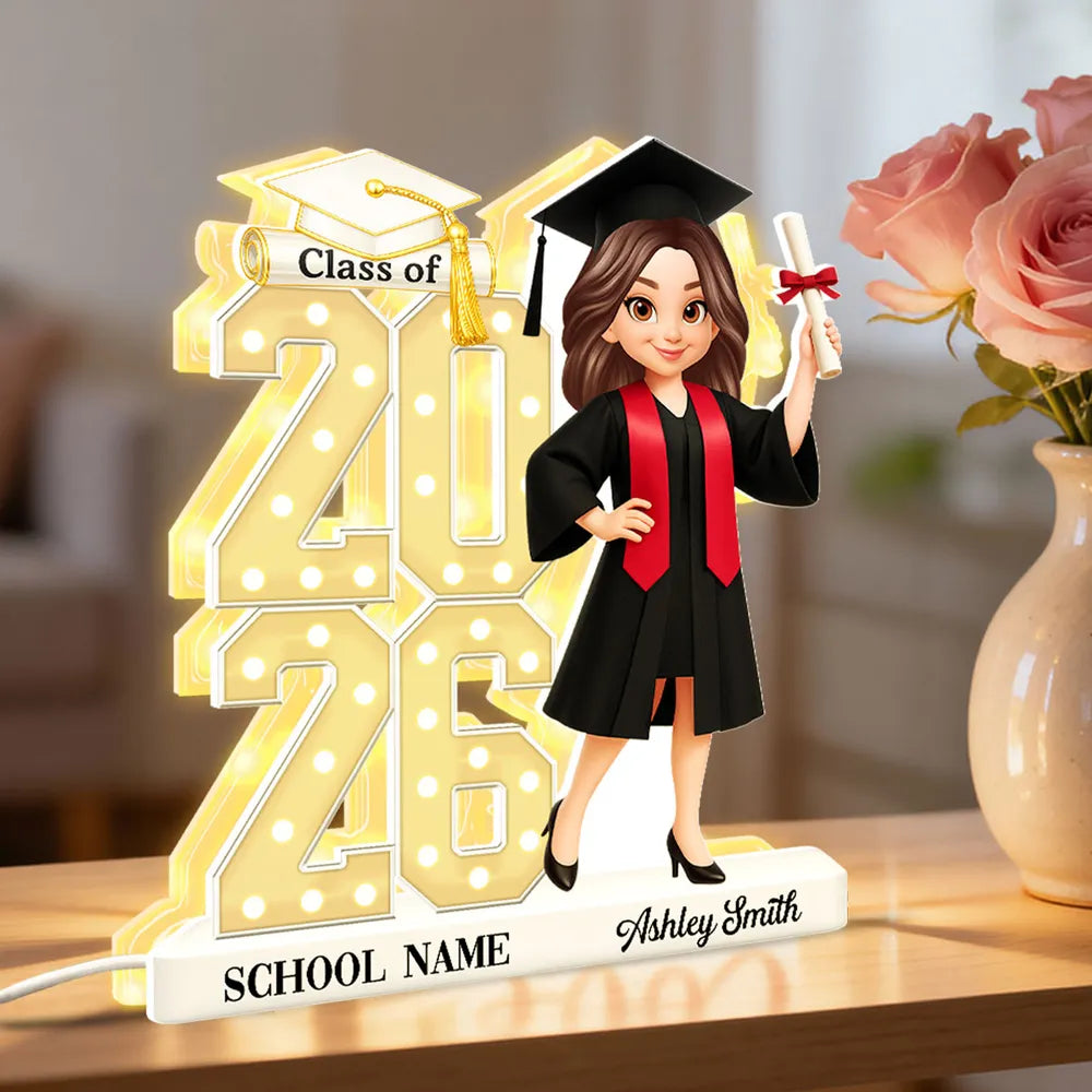 Personalized Graduation Acrylic Light Box with Class Year Cartoon Grad, Warm Glow Bedroom Decor, Unique Gift for Graduates