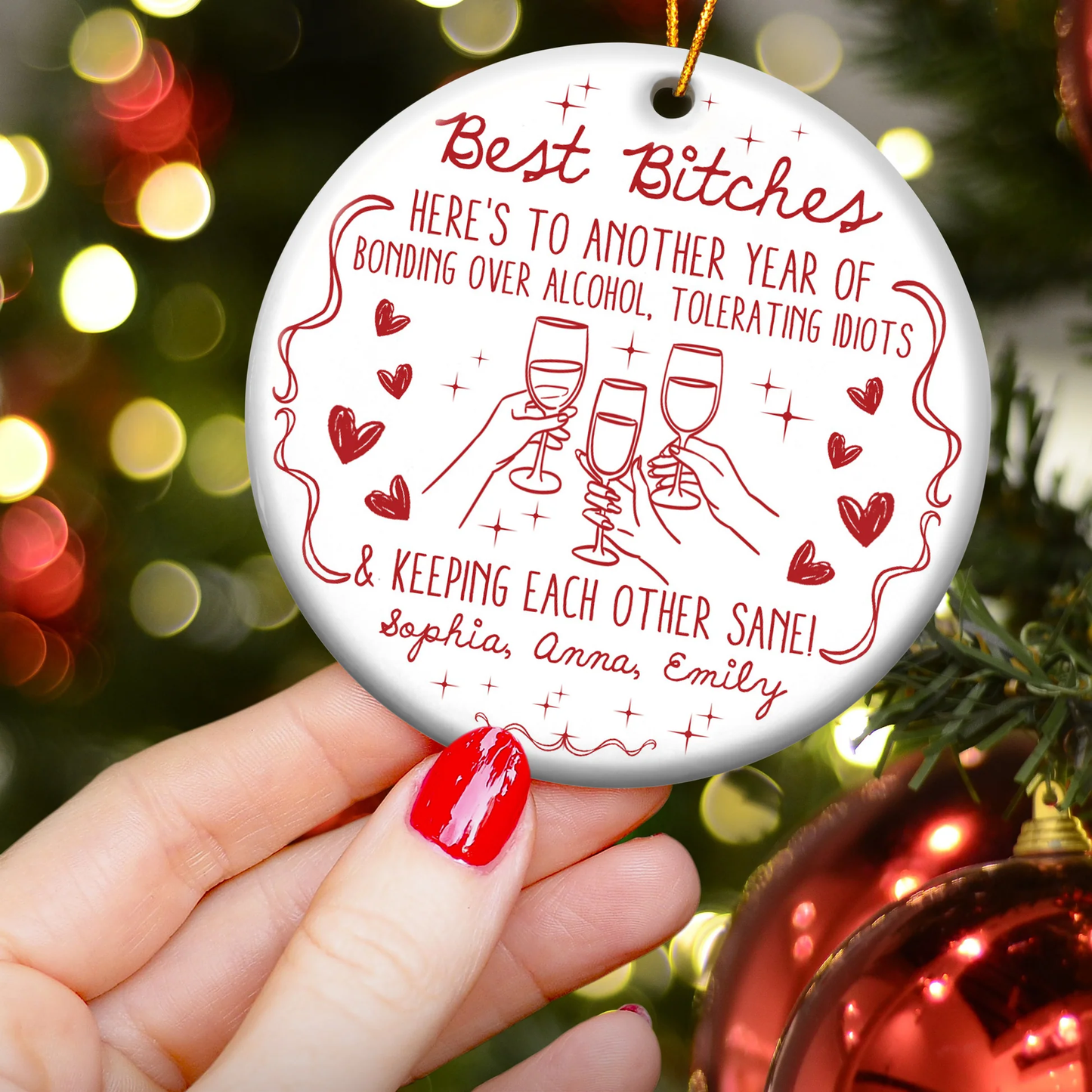Ceramic Ornament Funny BFF Cheers Line Art in Red, Christmas Tree Decor, clinking glasses, unique gift for Best Friends