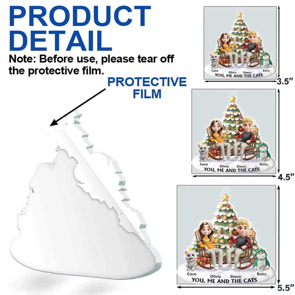 Acrylic Ornament featuring a couple and their cat under a festive tree – warm, photo-friendly décor and a perfect gift for cat-loving families