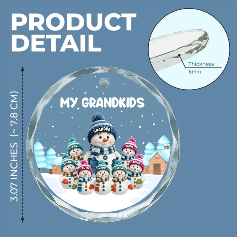 Crystal Ornament with Snowman Grandkids, Snowy Village Scene, customizable decor, heartfelt keepsake, unique gift for Grandma Grandpa
