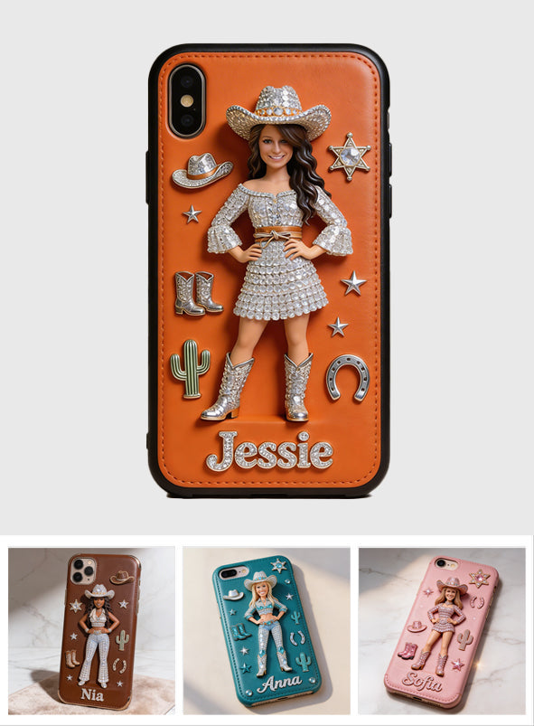 Cowgirl Spirit - Personalized Cowgirl 3D Embossed Leather Phone Case