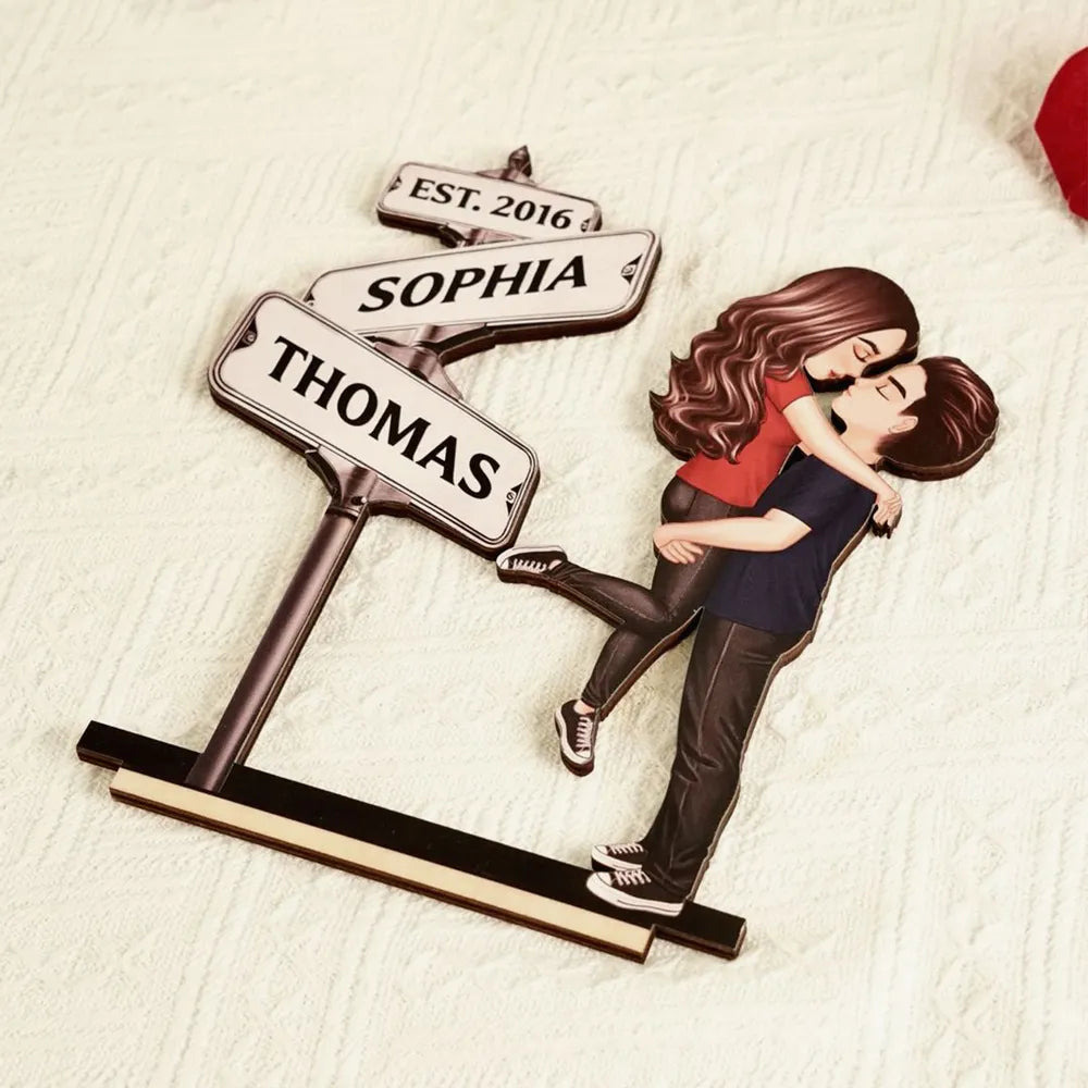 Personalized Street Sign Couple 2-Layer Wooden Plaque for Husband or Wife - Kissing Pose Keepsake, Unique Gift