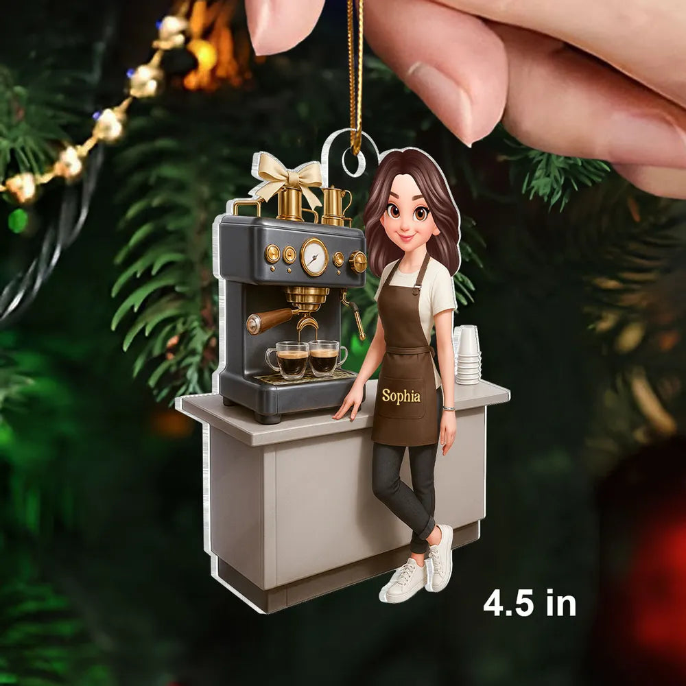 Custom Coffee Barista Acrylic Ornament With Espresso Machine Scene, Warm Holiday Decor, Creative Gift for Coffee Fans