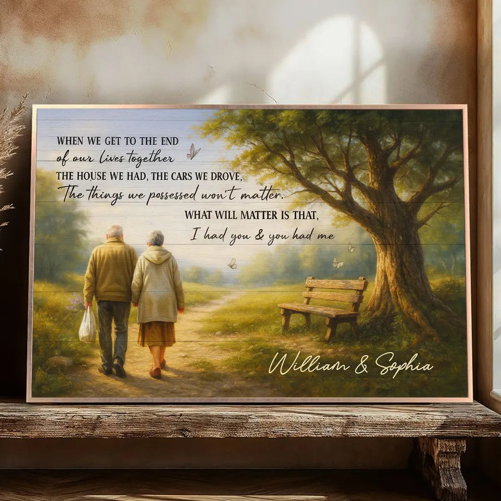 Custom Couple Poster Wall Art – Elderly Pair on Forest Path, Heartfelt Personalized Print, Romantic Keepsake Gift for Lifelong Partners