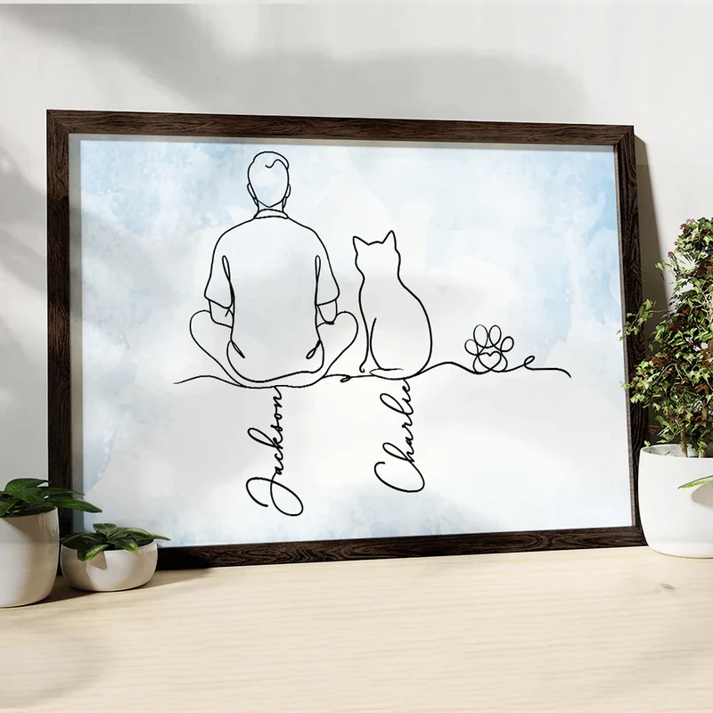 Minimalist Line Art Poster of Cats and Woman, Warm Pink Tone, Cozy Wall Art, Thoughtful Gift for Friendship and Home