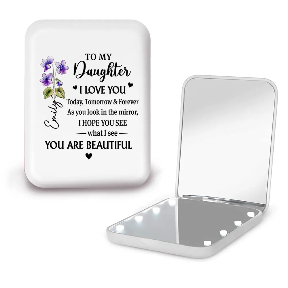 Personalized LED Pocket Mirror 'To My Daughter' Love Message - Unique Gift for Her, Daily Confidence Boost