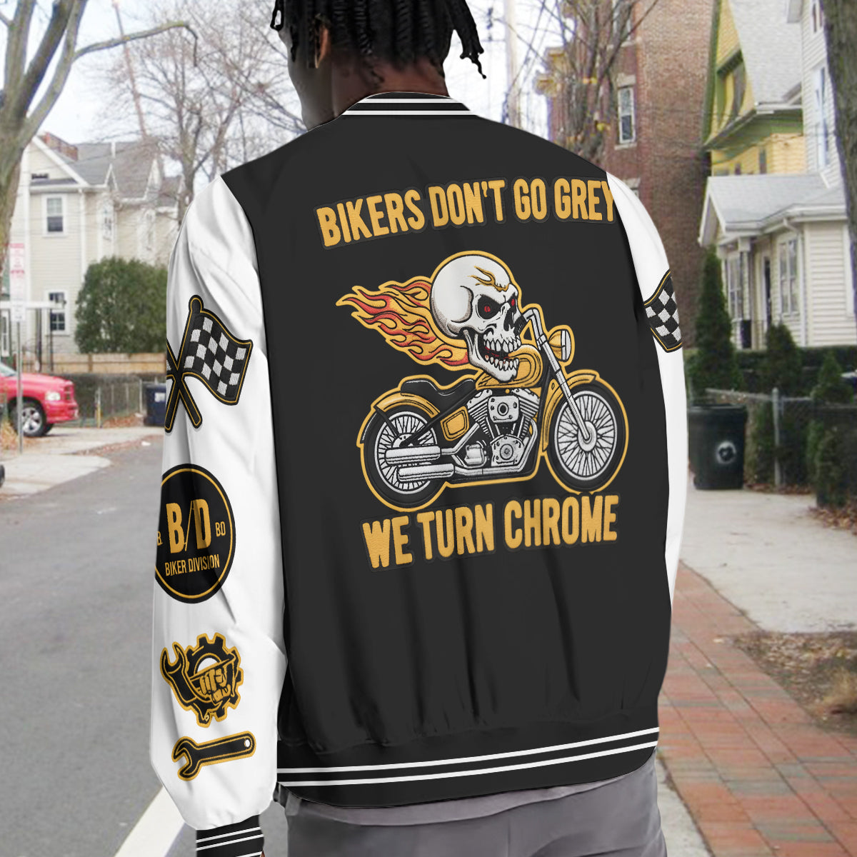 Bikers Go Chrome - Personalized Biker Varsity Jacket