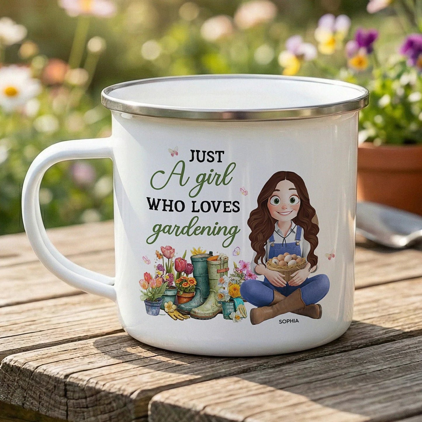 Personalized Gardening Enamel Mug With Cute Cartoon Gardener, Cozy Garden Coffee Cup, Unique Gift for Mom or Grandma
