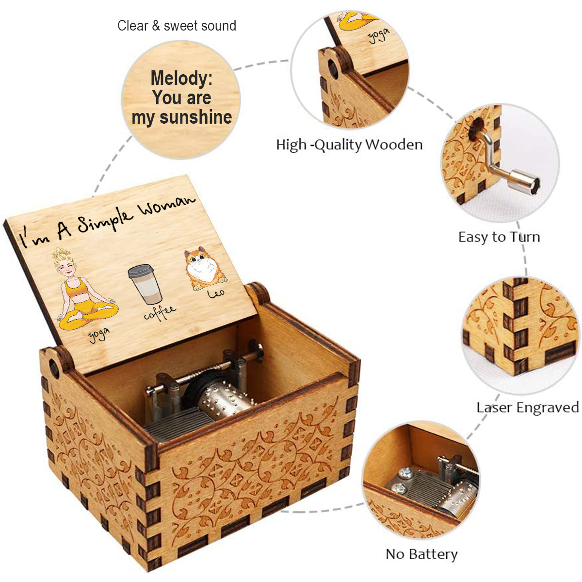 I'm A Simple Woman - Yoga gift for dog lover, cat lover, cat lover - Personalized Hand Crank Music Box