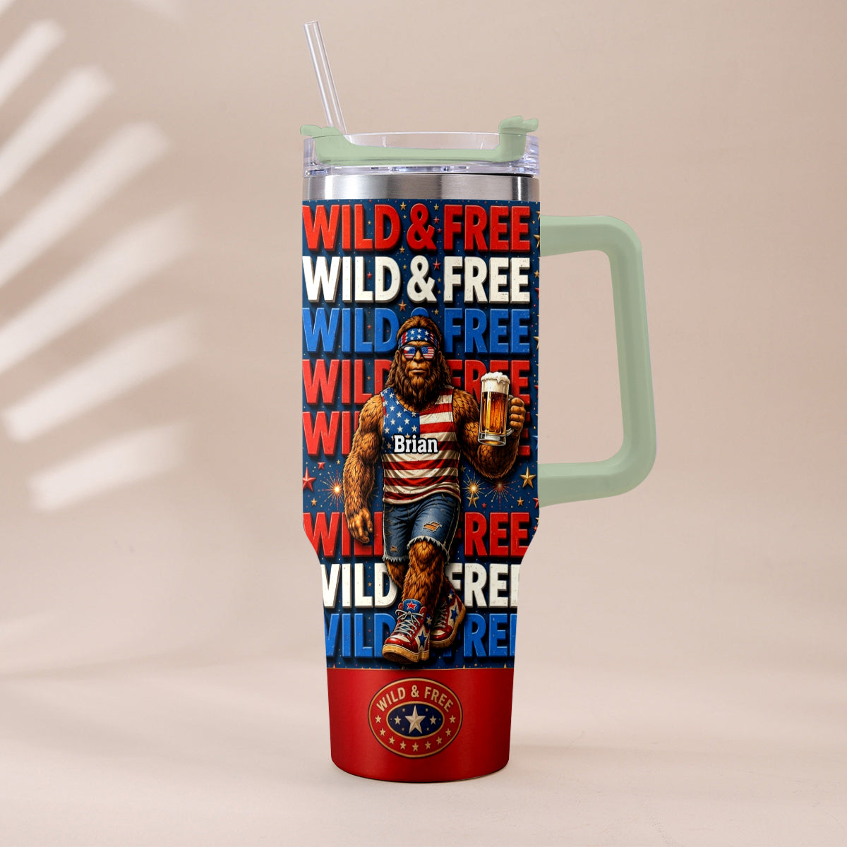 4th of July, Bigfoot Independence Day - Personalized Bigfoot Tumbler With Handle