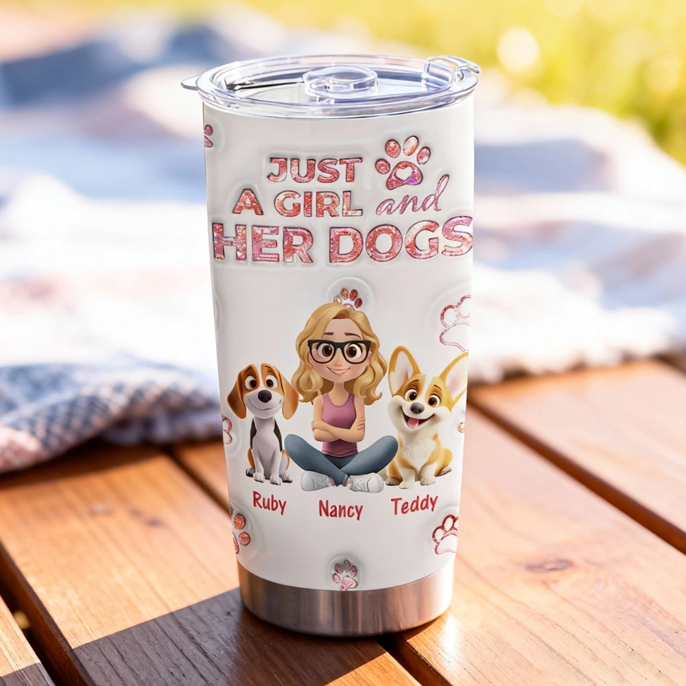 Personalized Insulated Travel Tumbler for Dog Moms, Just a Girl and Her Dog Art, Cute Unique Gift for Pet Lovers