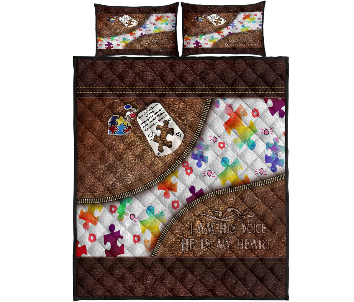 I Am His Voice He Is My Heart Leather Pattern Print Autism Awareness Quilt Set 0622