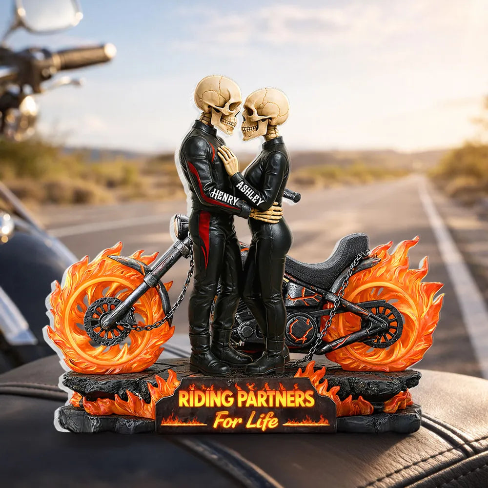 Personalized Shaped Acrylic Block Plaque Skeleton Biker Couple Hugging on Flame Motorcycle, Funny Romantic Gift for Couple