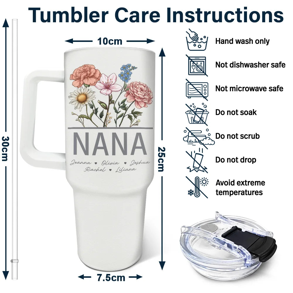 Floral 40oz Tumbler with Handle – Custom Gift for Nana, Perfect for Mother’s Day