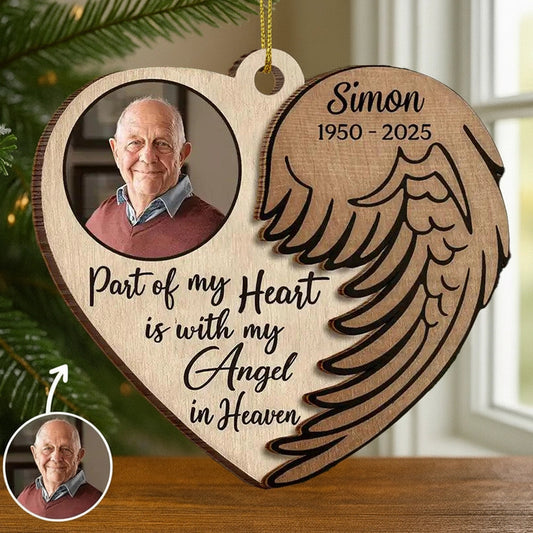 Wooden Ornament 2-Layer Heart with Angel Wing, Part of My Heart photo memorial, a unique gift for family