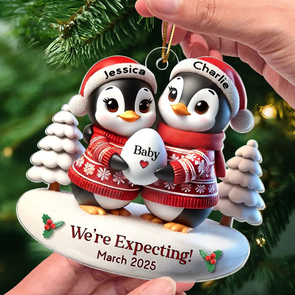 Custom Penguin Couple Acrylic Ornament for Parents-to-Be, Heartwarming Holiday Keepsake and Creative Baby Reveal Gift
