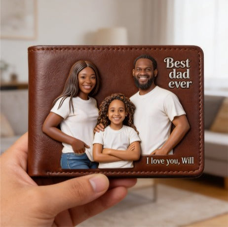Custom 3D Photo Embossed Leather Wallet for Black Dad- Personalized Best Dad Ever Bi-fold Wallet, Father's Day Gift