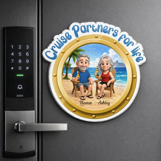 Cruise-Themed Personalized Acrylic Magnet with Beach Cartoon Couple and Ship View, Sweet Unique Gift for Couples