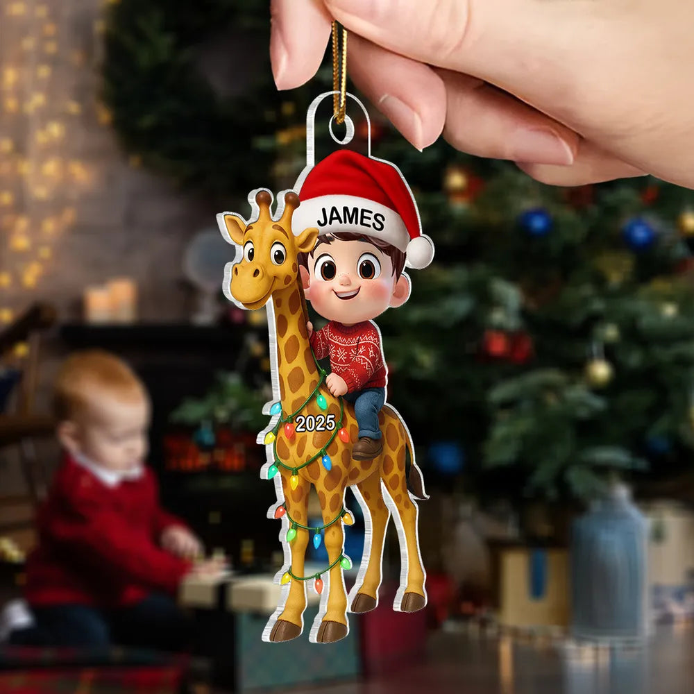Cute Acrylic Ornament of Boy with Giraffe, Holiday Cheer, Gift-Ready Keepsake for Family and Friends