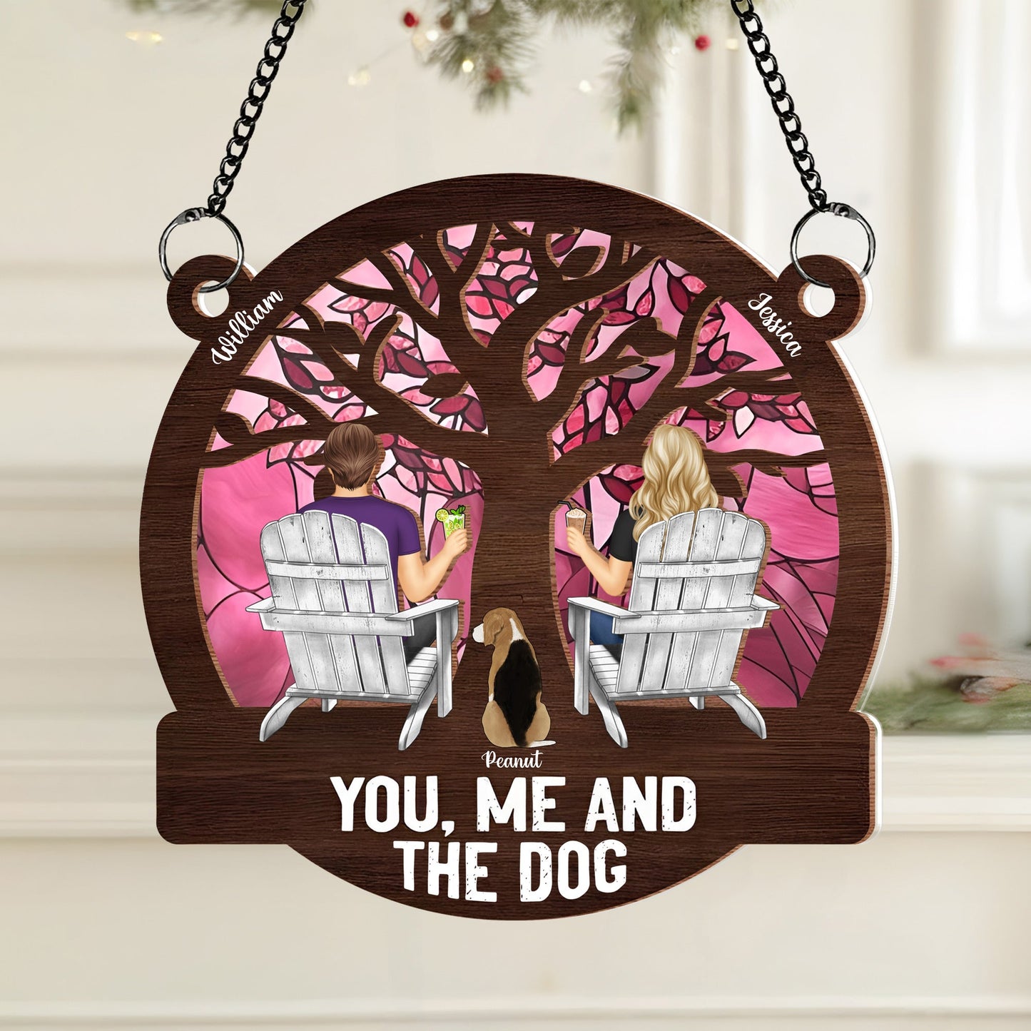 "Raising a Toast Through the Seasons - Custom Couple & Dog Ornament, A Heartwarming Gift for Wife or Husband"