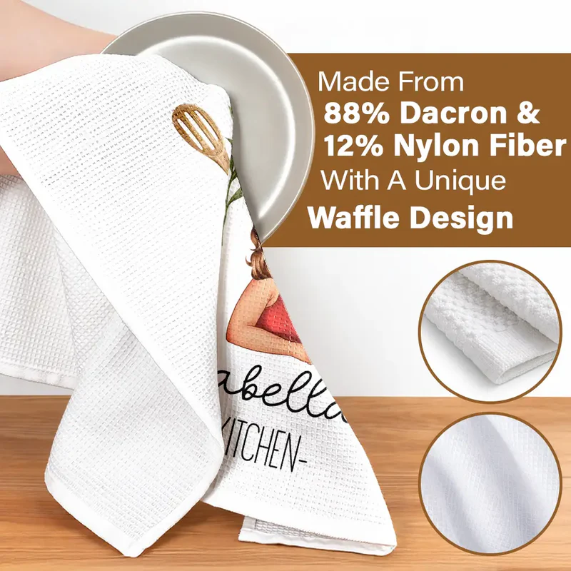Custom Kitchen Towel for Mom or Grandma, Playful Blonde Cartoon Cook with Wine Glass, Unique Personalized Gift for Home Cooks