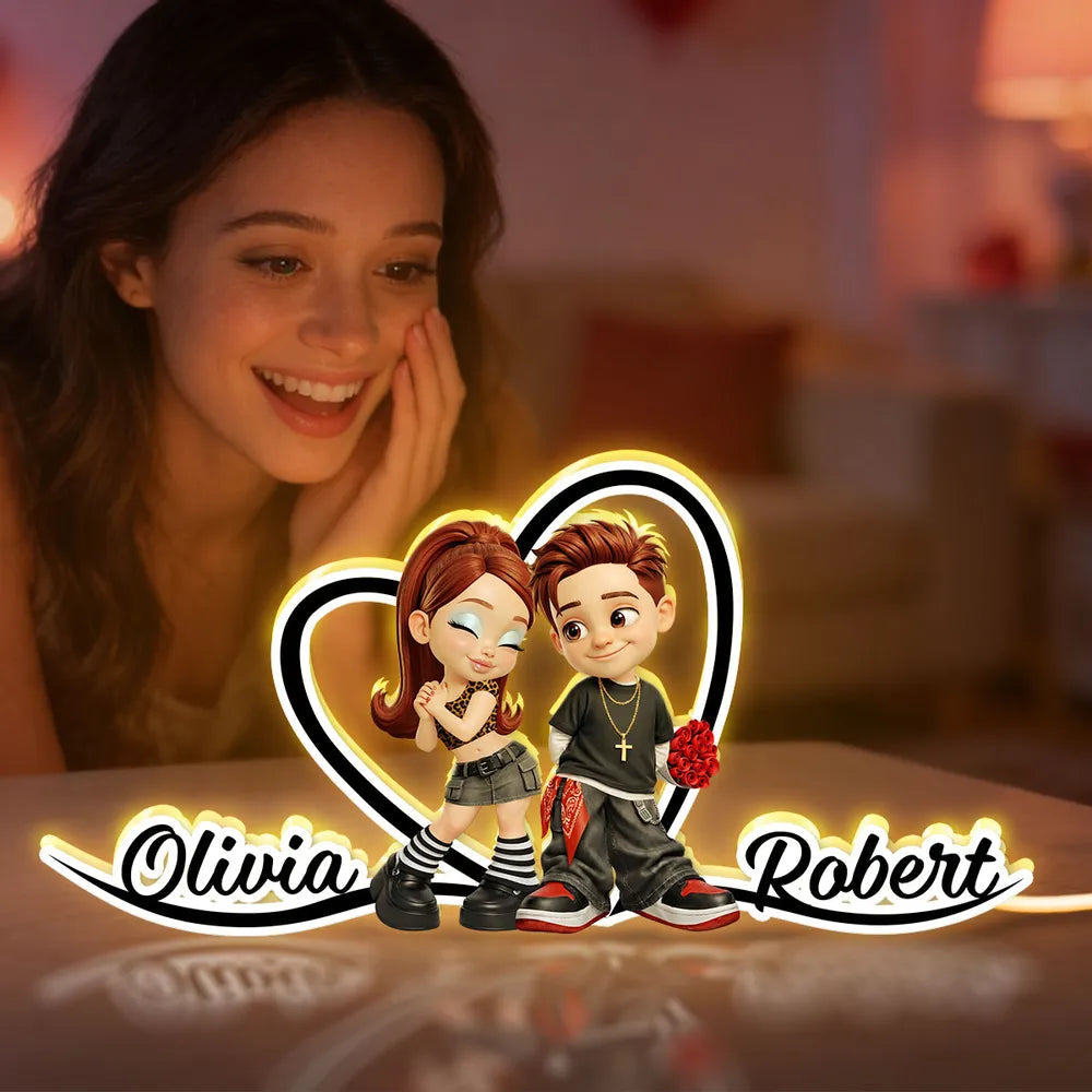 Personalized Couple Heart Acrylic Light Box, Y2K Cartoon Look for Bedroom Shelf Decor, Unique Romantic Gift for Him or Her