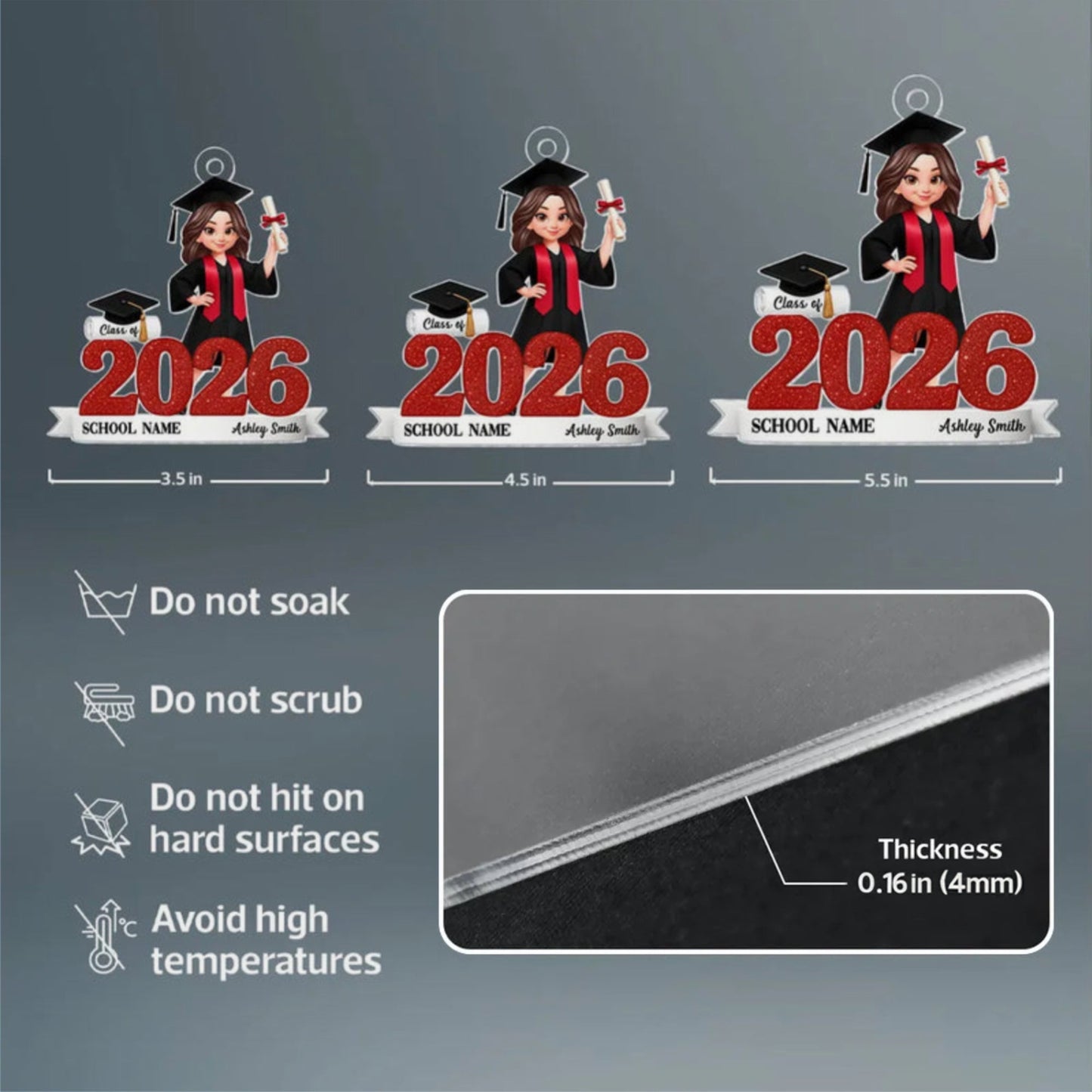 Graduation Acrylic Ornament, red glitter design with cap & diploma, celebrate achievement, perfect graduation gift keepsake