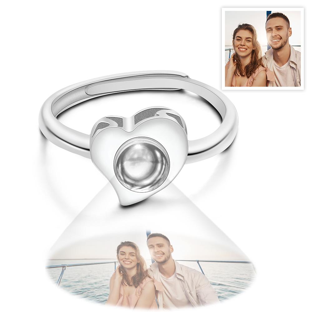 I Love You - Personalized Couple Silver Heart-shaped Photo Projection Open Ring