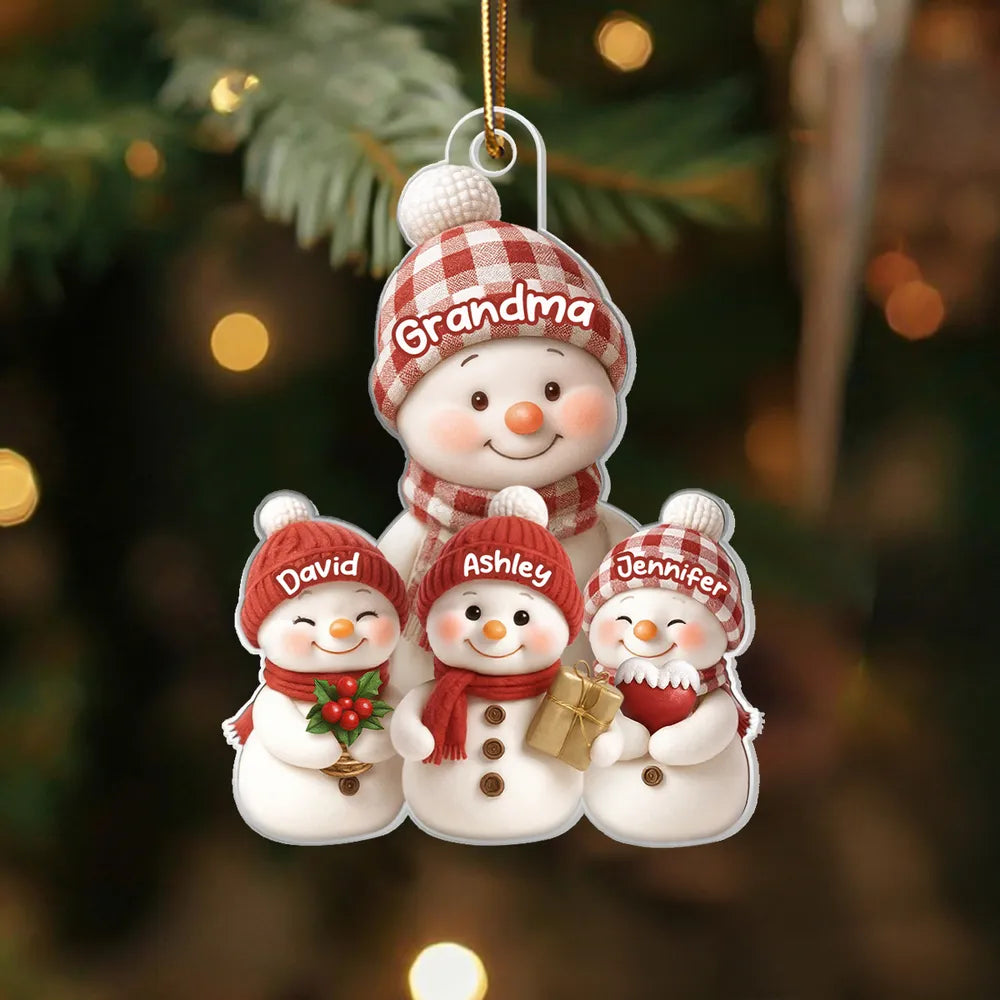 Christmas Acrylic Ornament for Grandma – Cozy Snowman Family, gift-ready keepsake for holiday tree décor, customizable and heartwarming