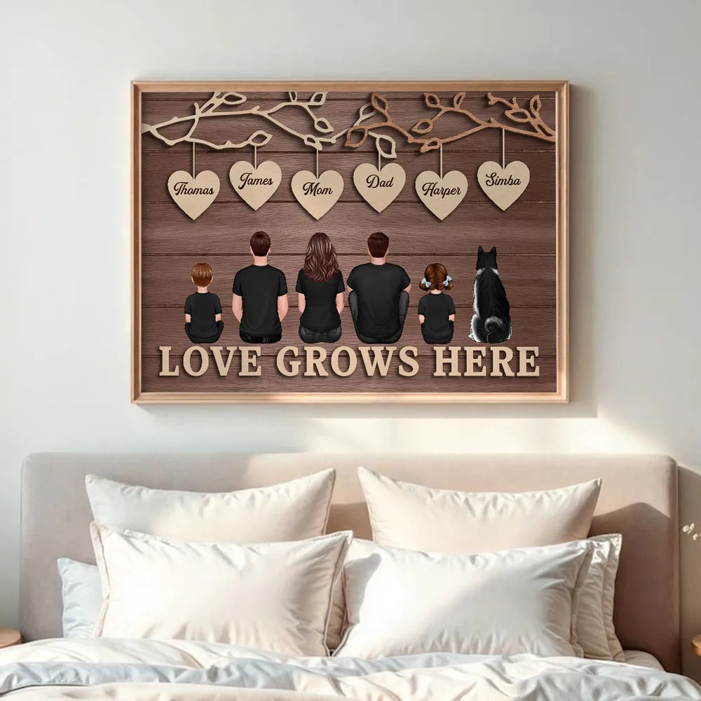Personalized Family Tree Poster with Heart Name Tags, Rustic Wood Look Wall Art, Unique Gift for Mom Dad & Family