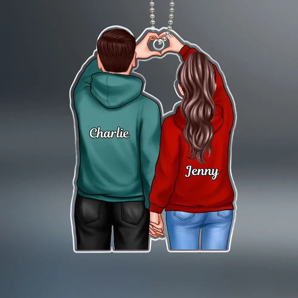 Couple Ornament with Back View and Heart Gesture, Romantic Hand-in-Hand Design, Perfect Holiday Gift