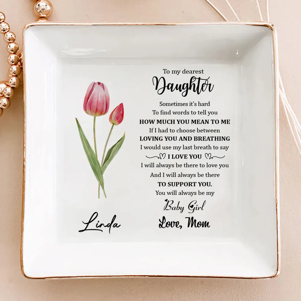 Jewelry Dish for Daughter, Personalized Keepsake Tray with Love Note and Purple Flower, Sweet Gift from Mom