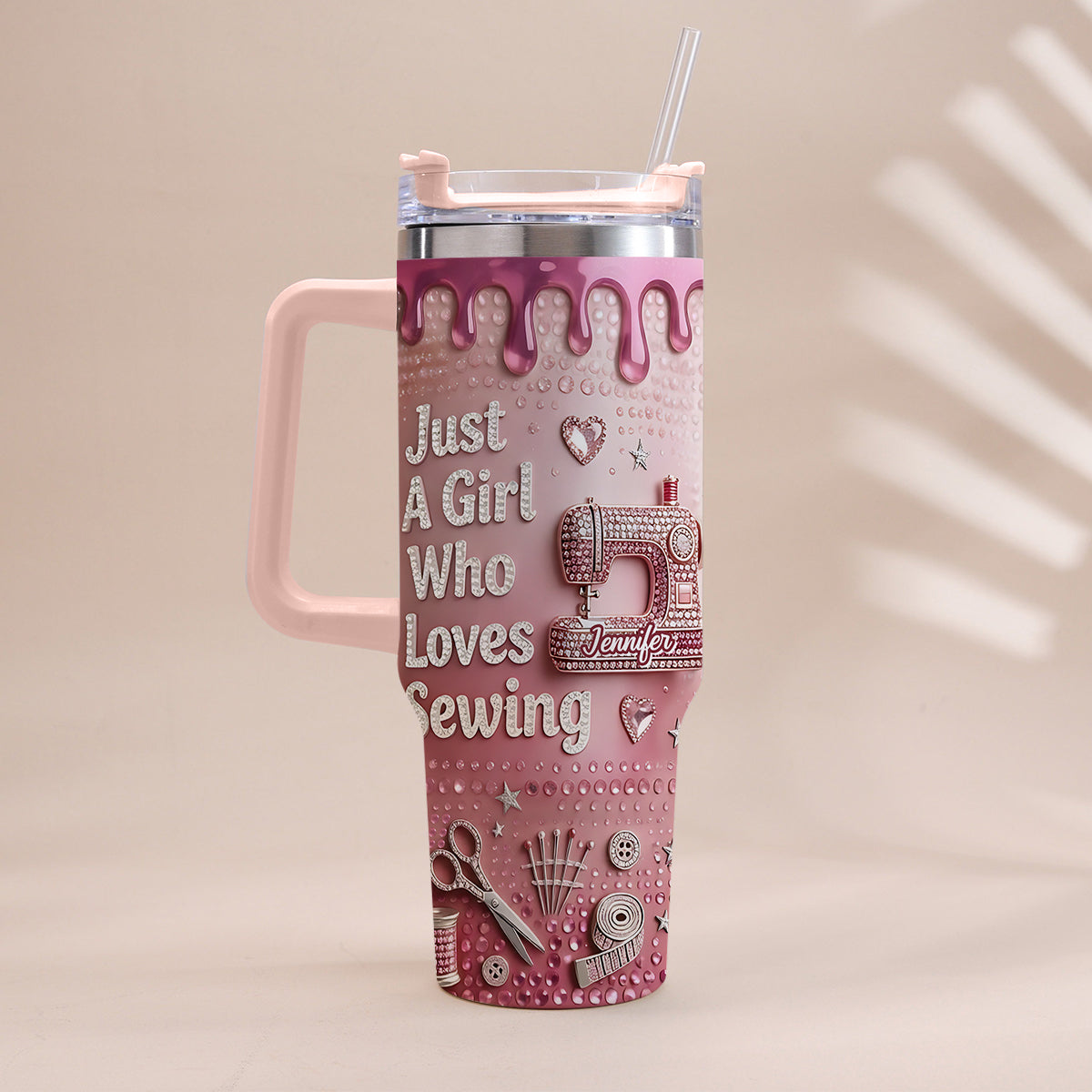 Just A Girl Who Loves Sewing - Personalized Sewing Tumbler With Handle