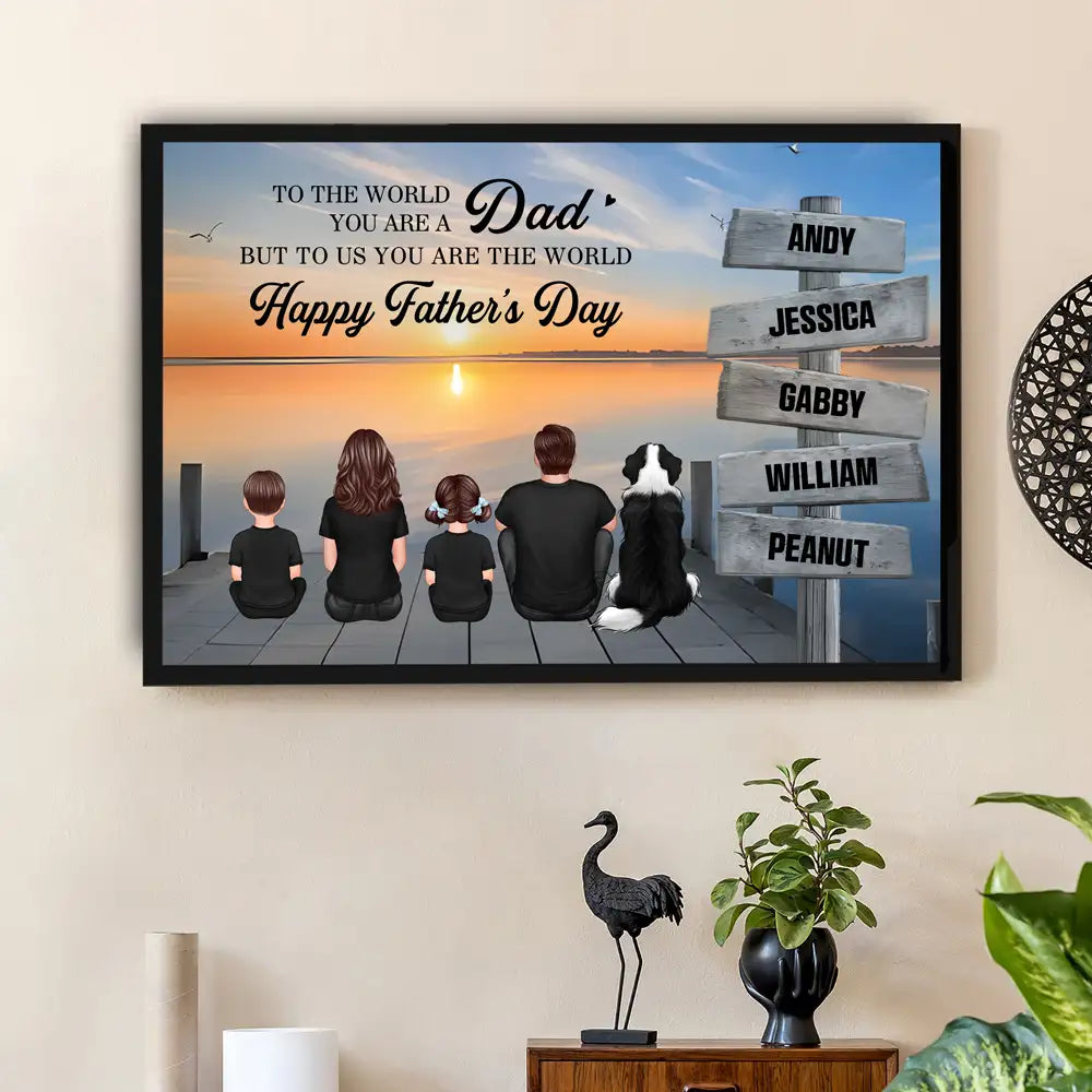 Custom Back‑View Family Canvas – Dad Is Our World Quote, Signpost with Names, Heartfelt Gift for Husband or Son