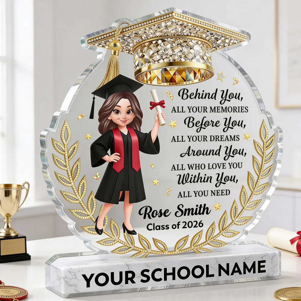 Personalized Shaped Acrylic Block Plaque Graduation Girl With Cap Quote, Unique Keepsake Gift for Grad, Shiny Gold Look Decor