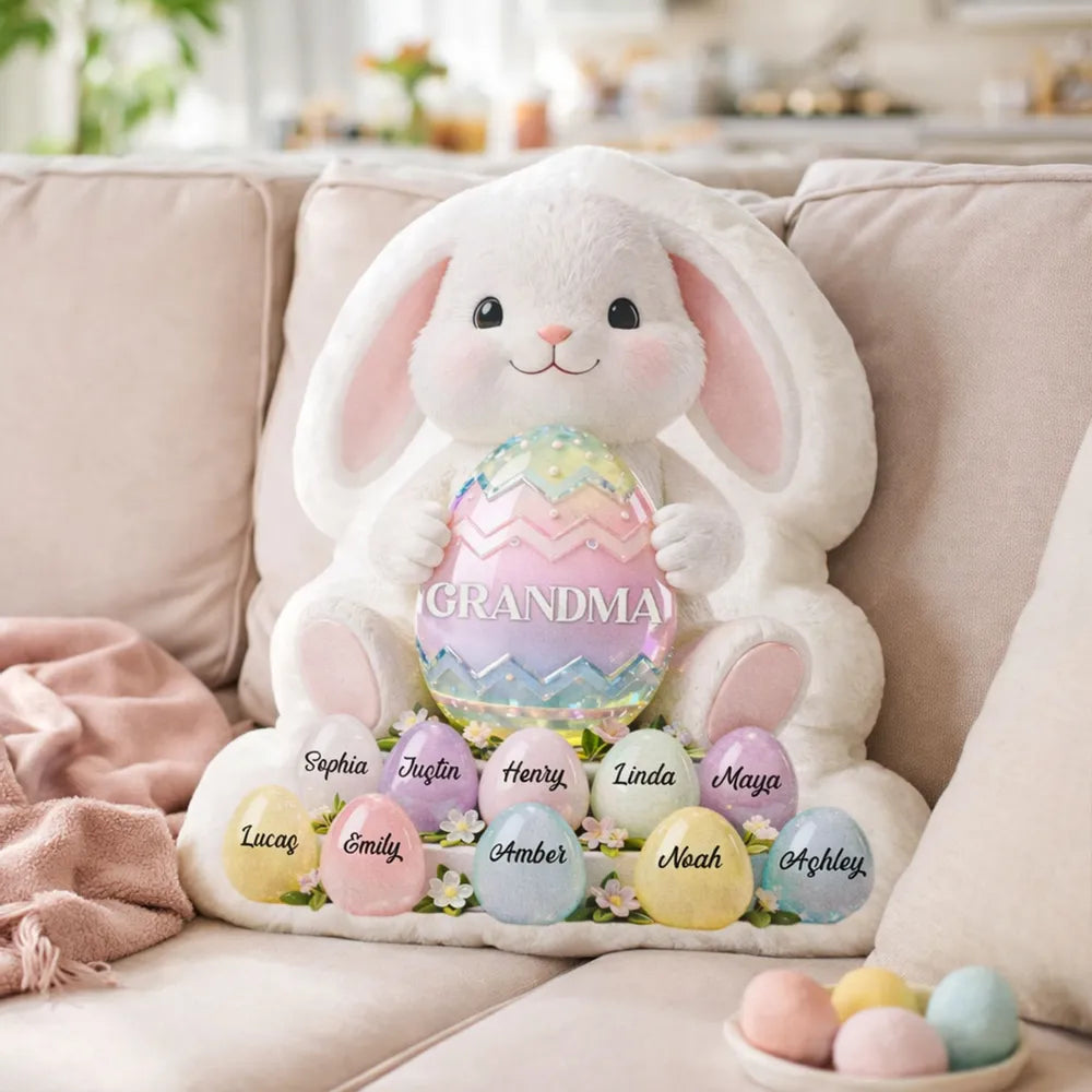 Grandma Easter Bunny Shaped Pillow, Personalized Keepsake With Pastel Egg Art, Sweet Home Decor Gift for Grandma