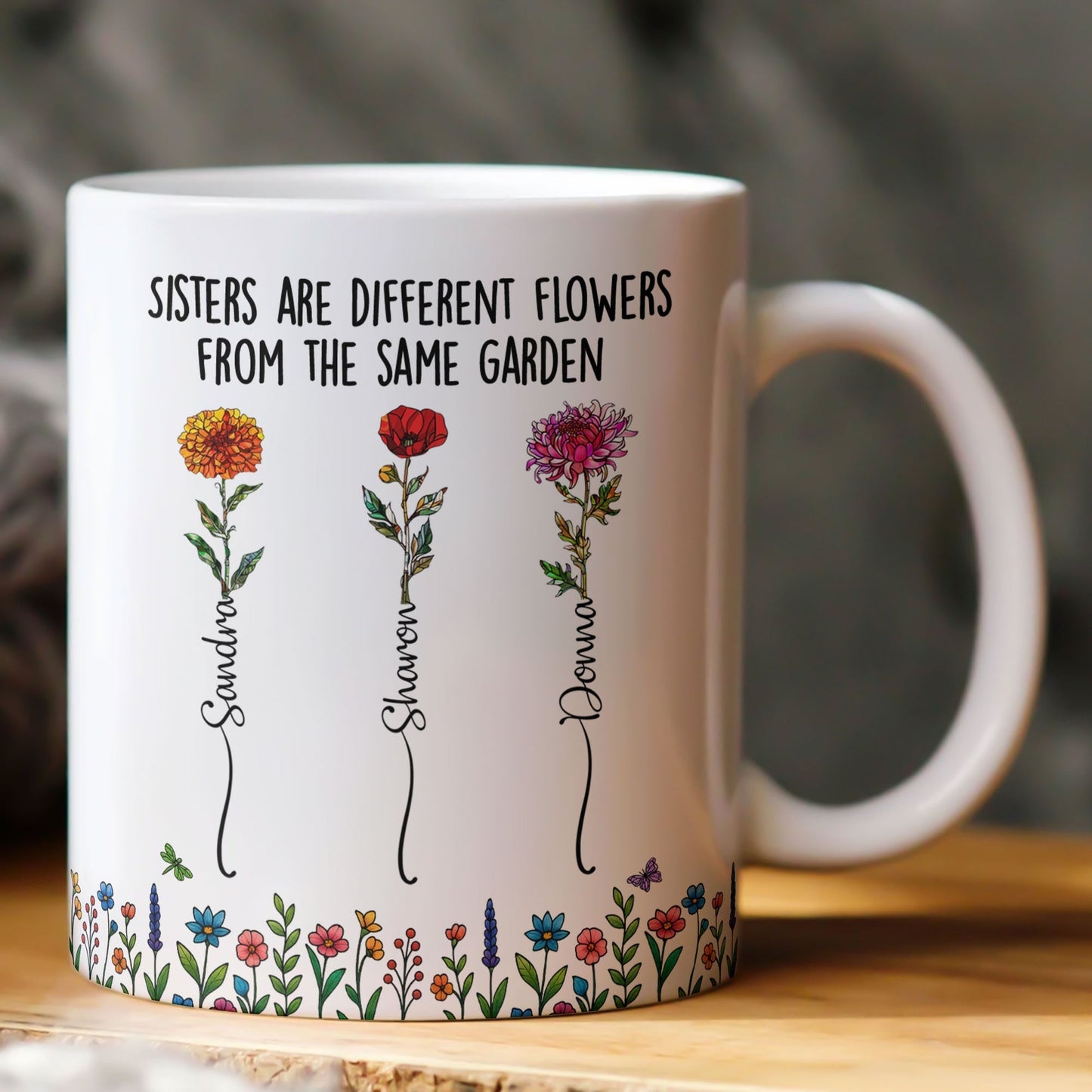 Sisters Ceramic Mug with Floral Illustration, Heartwarming Quote, Perfect Gift for Sisters