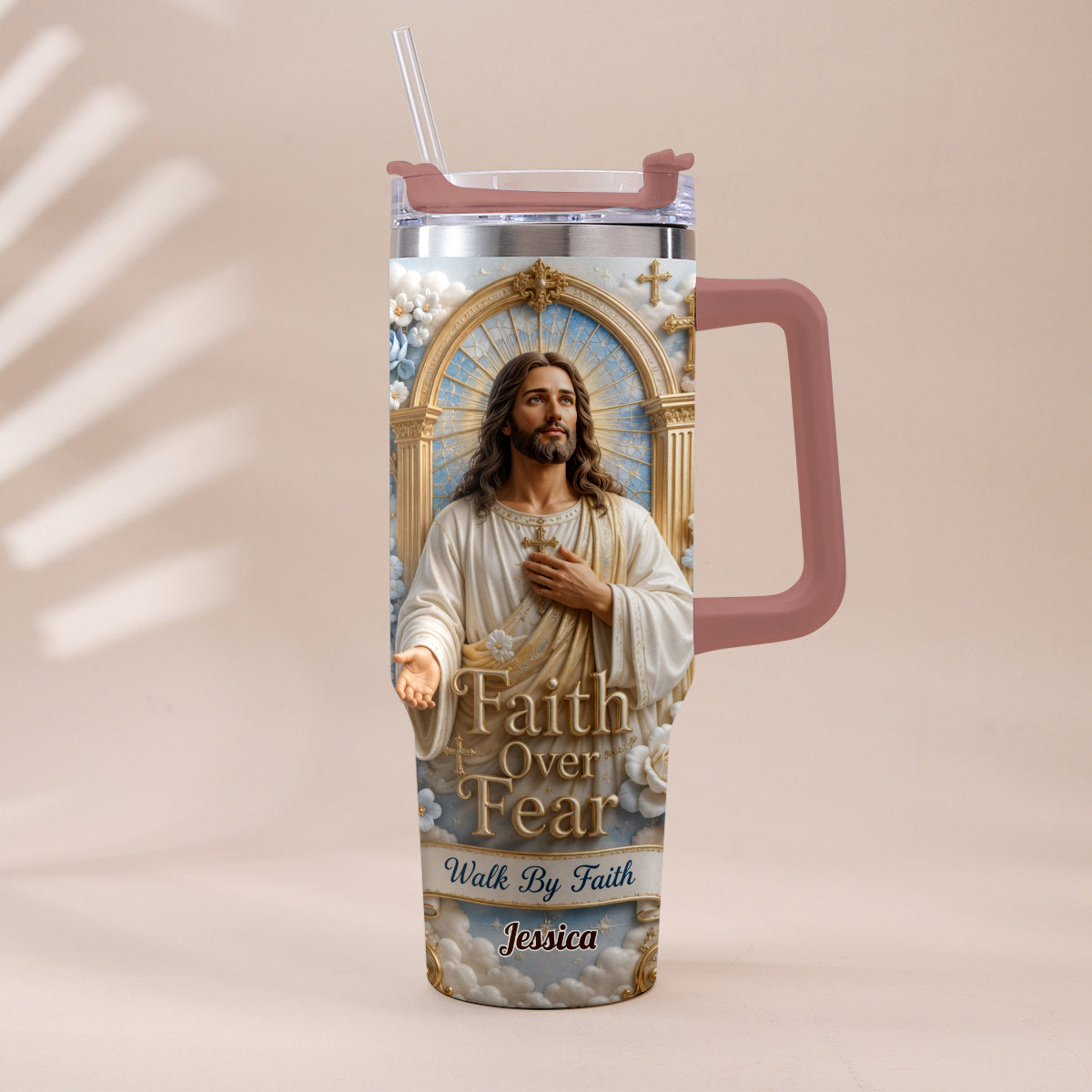 Faith Over Fear - Personalized Christian Tumbler With Plush Charm