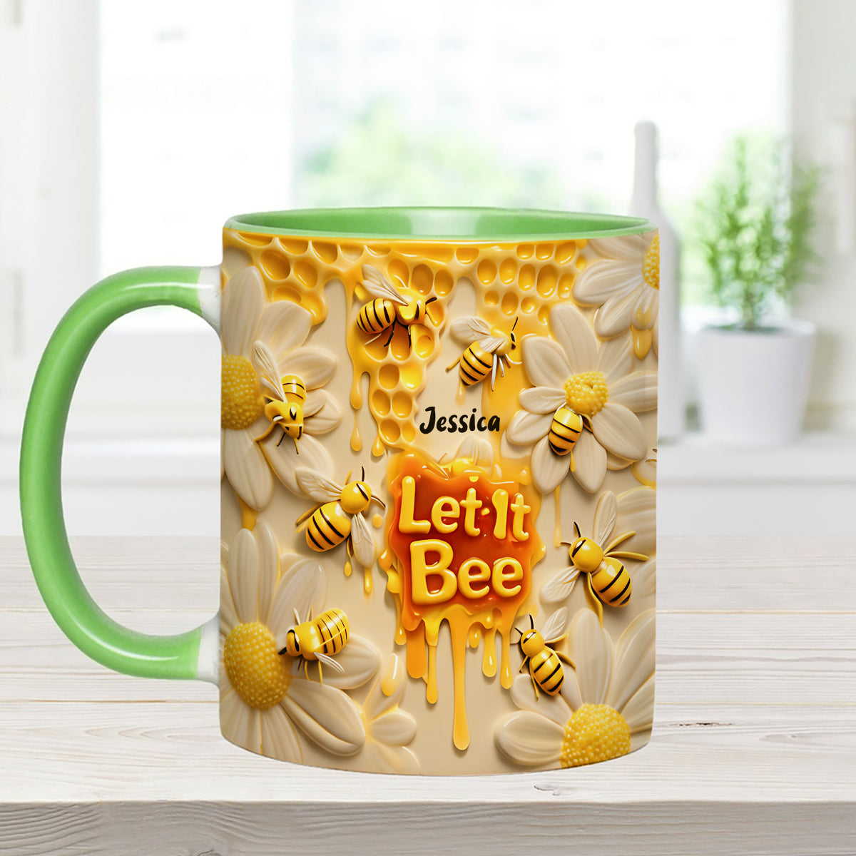 Let It Bee, Bee Flowers - Personalized Bee Set Accent Mug with Acrylic Stirrers