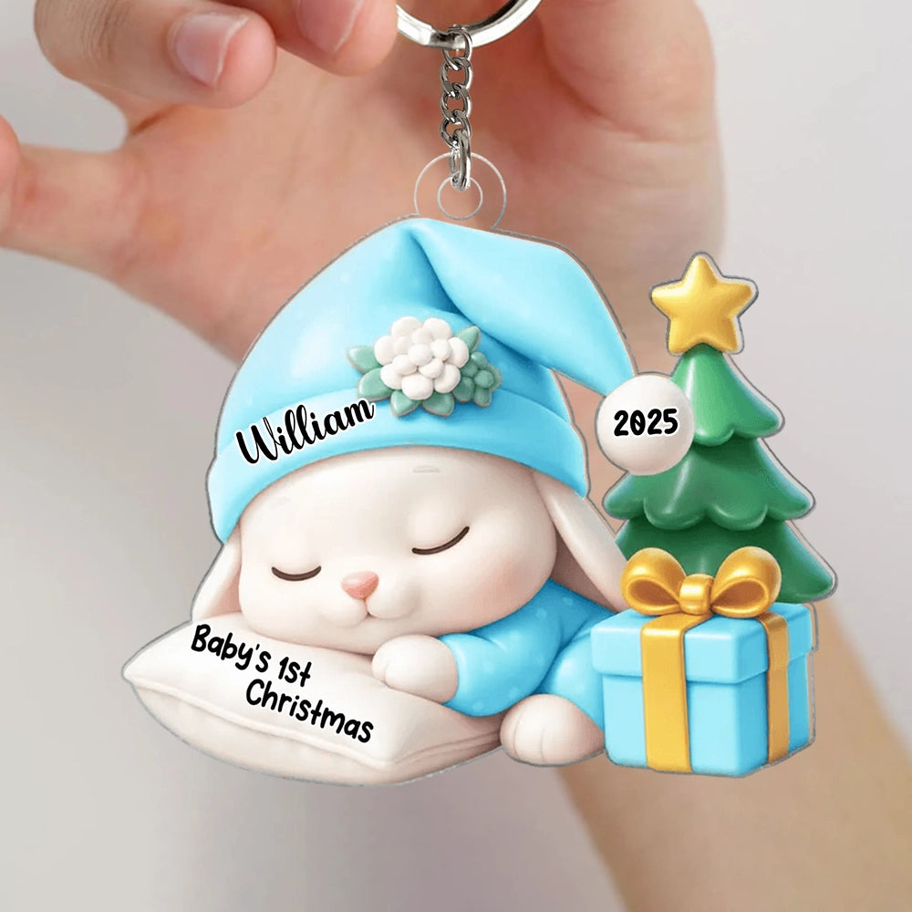 Acrylic Ornament for Baby’s First Christmas – sleeping bunny with tree and gift, pastel blue, gift-ready keepsake for new parents