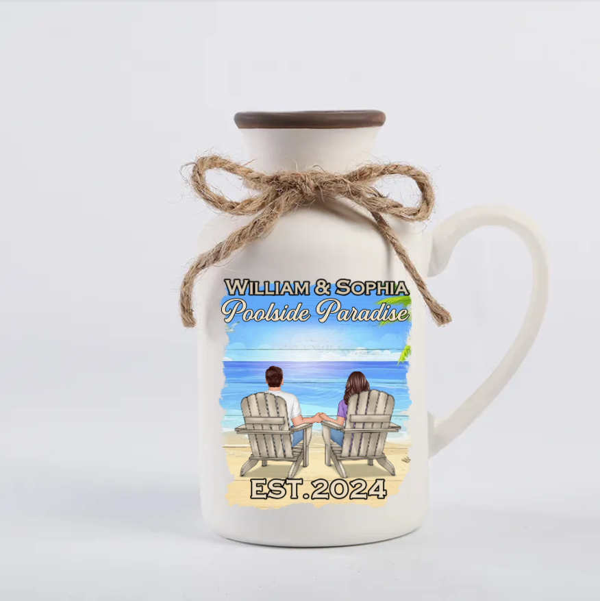Relaxing Poolside Paradise Decor with Optional Flag Background Couple Sitting Personalized Flag, Sign, Vase - Perfect for Garden, Housewarming, Birthday, Anniversary Gift for Him, Her