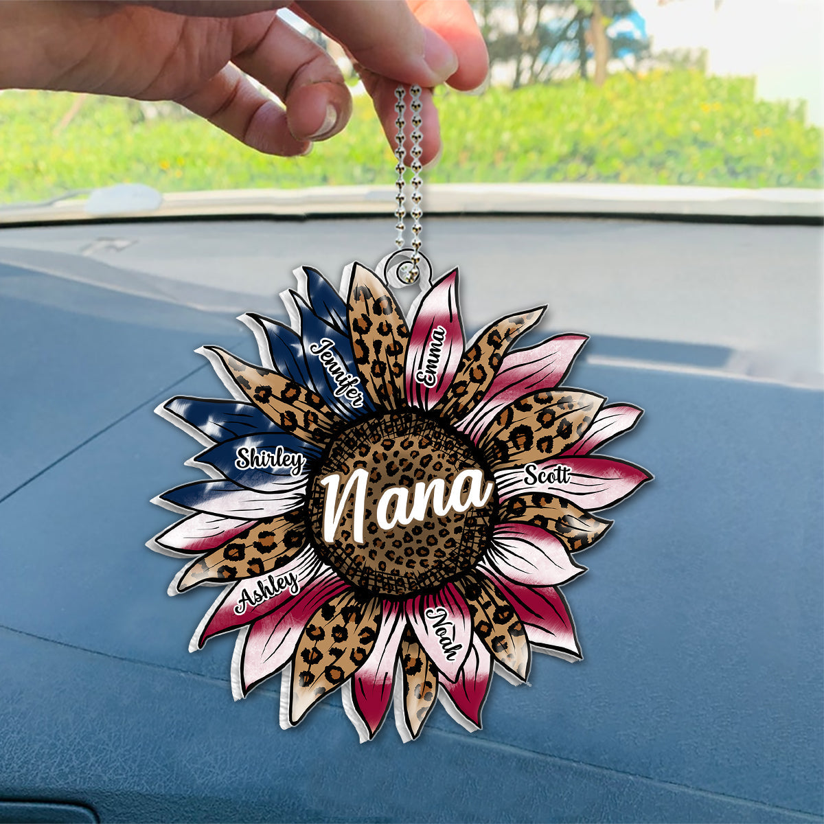 Grandma's Sunflower 4th Of July Flag - Personalized Grandma Custom Shaped Car Ornament