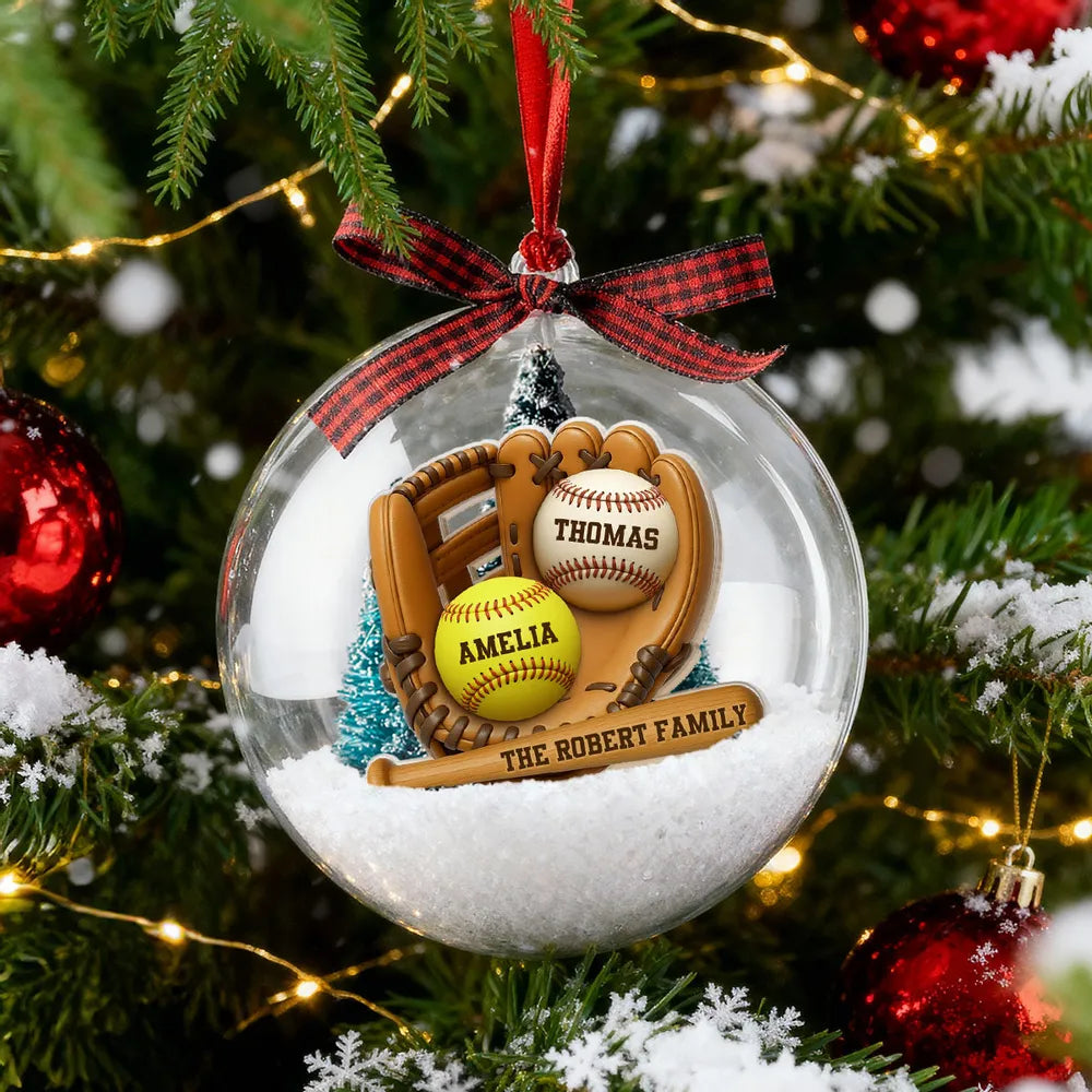 Snow Globe Ornament with Baseball Glove & Softball, Custom Family Keepsake for the Tree, Unique Holiday Gift for Sports Fans